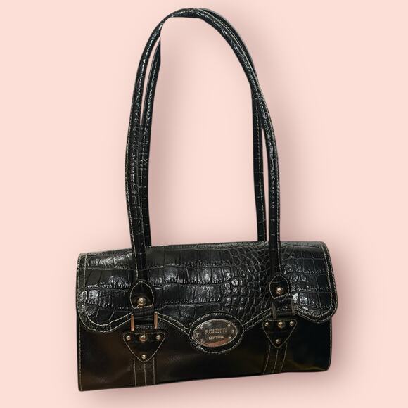 Y2K Purse Patent Shoulder Strap Small Bag Punk Black Faux Leather Alligator Goth - Picture 1 of 4